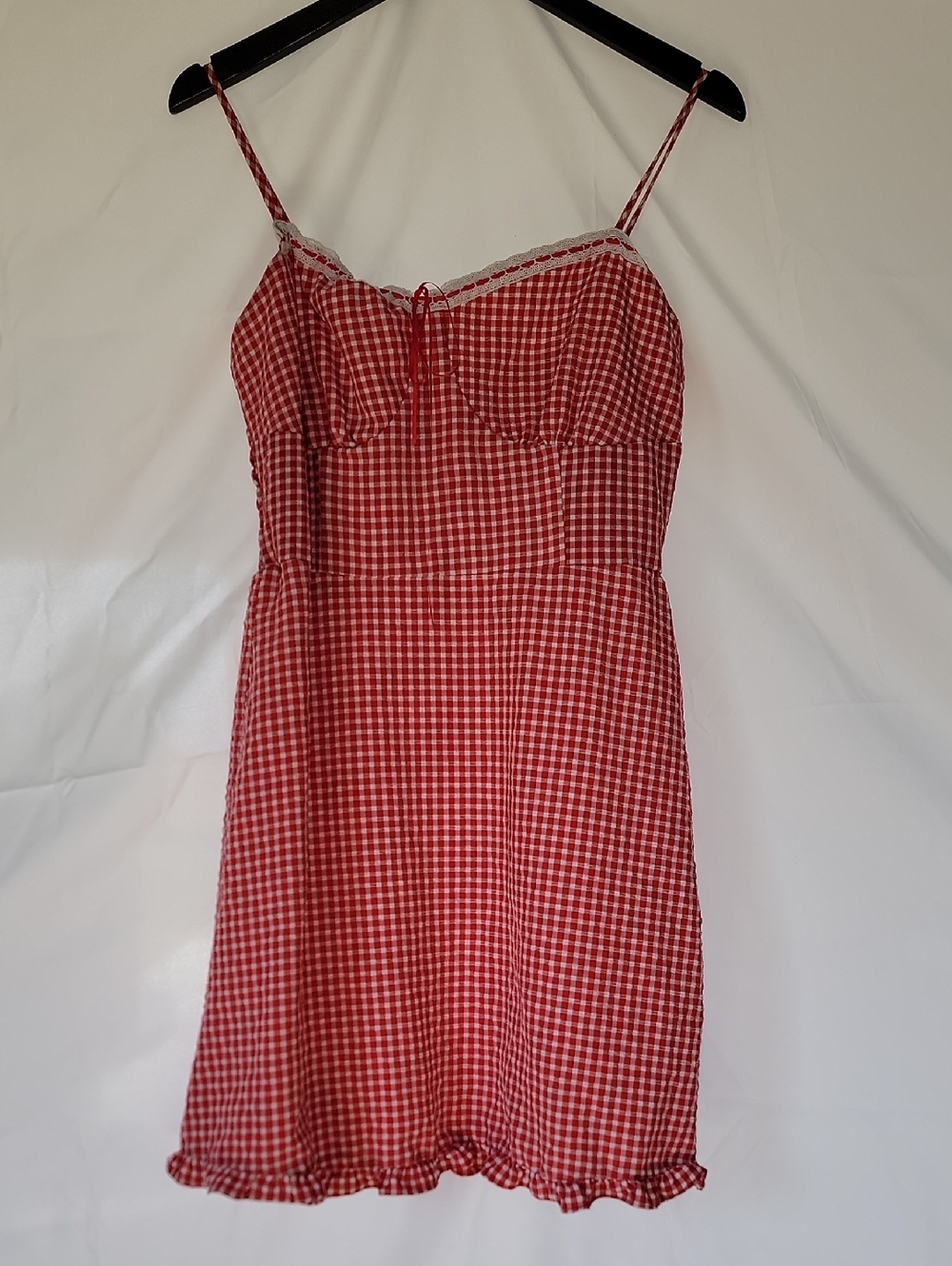 Sienna Sky Red Gingham Lace-Trim Slip Dress